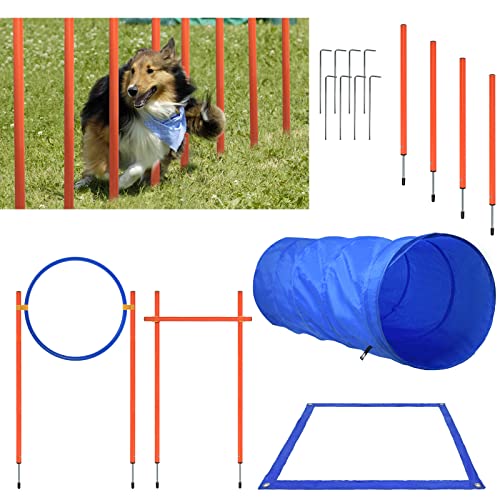 AufuN Agility Ausrüstungs Set für Hunde, Training Hindernisse mit Hundetunnel,Geflochtene Stangen, Springring, Hürdenstange, Verstellbare Höhe, Konische Fässer inkl. Tragetasche von AufuN