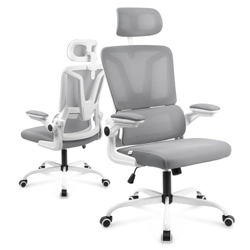 AufuN Bürostuhl Ergonomisch, Computerstuhl mit Verstellbarer Lendenwirbelstütze, Leichtlaufrollen, stufenlos höhenverstellbar, gepolsterte Sitzfläche, ergonomische Passform Bis 150KG (Gray+Weiß) von AufuN