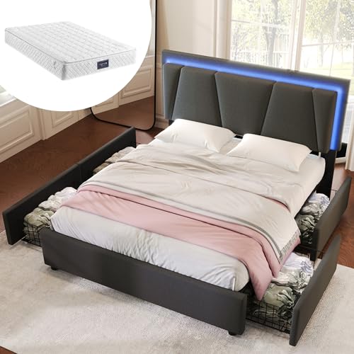 AufuN Doppelbett Polsterbett 160 x 200 cm mit LED-Beleuchtung und 4 Schubladen, mit höhenverstellbares Kopfteil & Bettkasten, für Erwachsene & Jugendliche, Grau(Mit Matratze) von AufuN