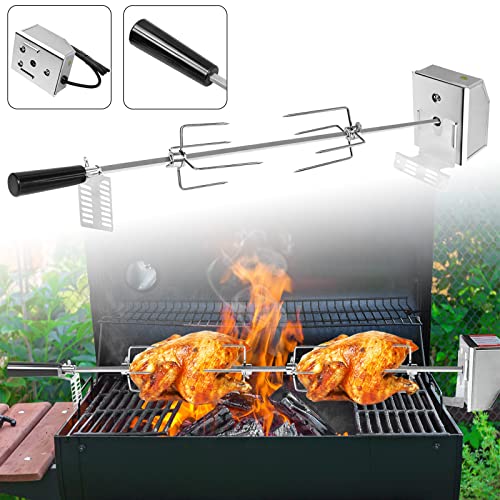 AufuN Edelstahl Drehspieß, Hochwertiger Grillspieß Set mit Moto 220V - 240V, inkl. 4X Fleischgabeln, Rotisserie aus Edelstahl, Drehspieß, Rotisserie, Drehspiess, Silber von AufuN