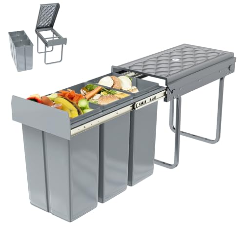 AufuN Einbaumülleimer Abfallsammler Mülleimer Küche Unterschrank Auszug, Mülltrennungssystem 3 Fächer Ausziehbar 3x10L, Vollauszug mit Teleskopschienen, 48 x 26 x 42 cm (L x B x H), Grau von AufuN