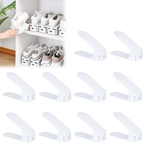 AufuN Einstellbare Schuhregale 10 Stück Schuhstapler/Schuhhalter Set, 3 höhenverstellbar, Platzsparend, rutschfest Kunststoff-Weiß von AufuN