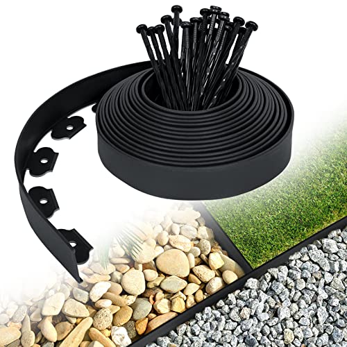 Aufun Flexible Rasenkante aus Kunststoff 10mx5cm mit 30 Erdanker zur Verankerung, Beetumrandung Wurzelsperre System, Pflastersteine Mähkante Garten dekorativ(10M, Schwarz) von AufuN