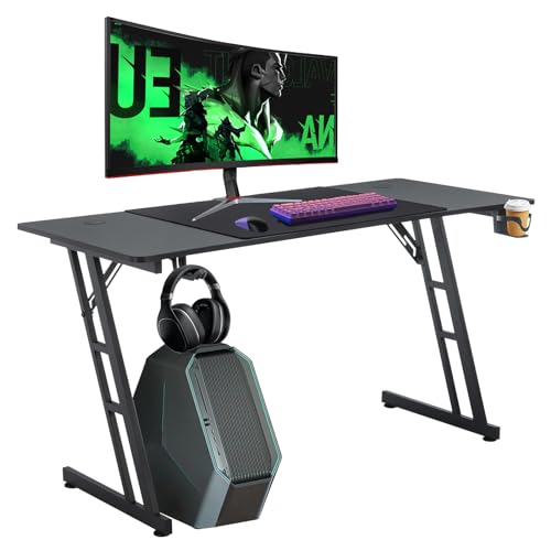 AufuN Gaming Tisch 120 x 60cm, Gaming Schreibtisch mit LED Beleuchtung, Kopfhörerhaken und Getränkehalter, Stabiler Computertisch Arbeitstisch, PC Tisch Gaming(Tye B ohne LED) von AufuN