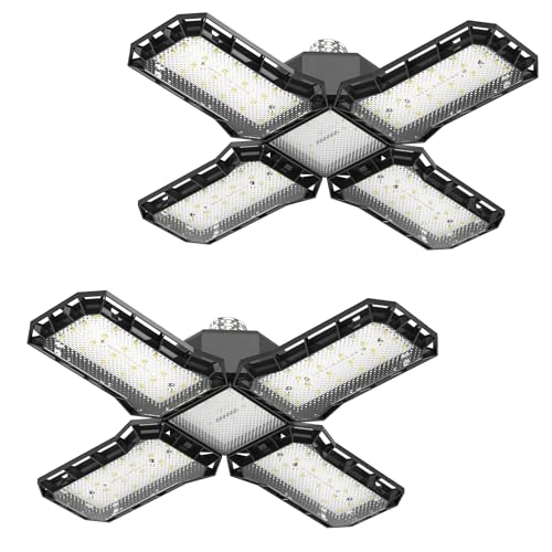 AufuN LED Garagenleuchte Werkstattlampe 60W 2 Stück Garagenbeleuchtung, 6500K Verformbare 4+1 Paneelen Deckenlampe LED, E26 E27 LED Werkstatt Deckenleuchte für Garage Werkstatt Lager Keller von AufuN