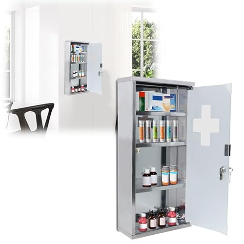AufuN Medizinschrank aus Edelstahl, abschließbarer Arzneischrank Hausapotheke mit Glas Tür, Erste Hilfe Schrank, 4 Fächer für zu Hause, Silber, 30x12x57.5cm von AufuN
