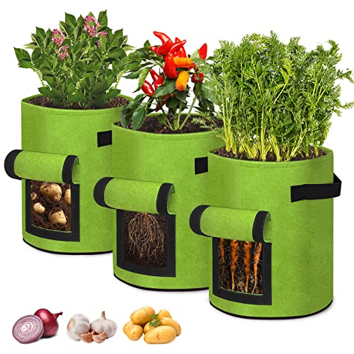 AufuN Pflanzsack Kartoffel 10 Gal, 3 Stück 38L Pflanzen Tasche, mit Klettverschluss Sichtfenster und Griffen, Wiederverwendbar, zur Aufzucht für Erdbeeren, Karotten, Tomaten, Blumen (35x40cm, Grün) von AufuN