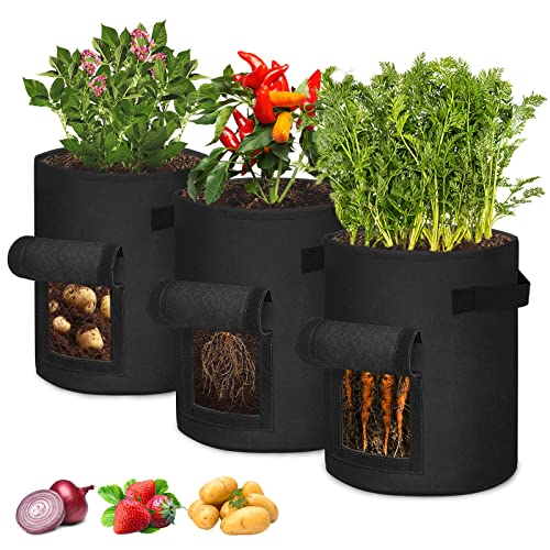 AufuN Pflanzsack Kartoffel 7 Gal, 3 Stück 27L Pflanzen Tasche, mit Klettverschluss Sichtfenster und Griffen, Wiederverwendbar, zur Aufzucht für Erdbeeren, Karotten, Tomaten, Blumen (30x25cm, Schwarz) von AufuN