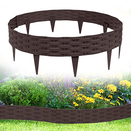 Aufun 10m Rattan Rasenkante Beeteinfassung Kunststoff mit 10 Elemente á 100 cm, Rattan-Optik Design Beetumrandung Biegbarer Mähkante Beetbegrenzung Flexible für Garten (Braun) von AufuN