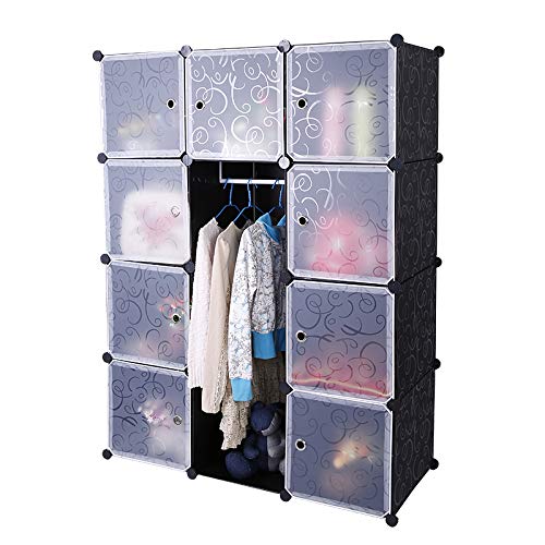AufuN DIY Kleiderschrank Regalsystem Schuhregal, modularer Kombischrank, platzsparendes Steckregalsystem, Bücherregal Tragbarer Faltschrank mit Türen (12 Würfel, Schwarz) von AufuN