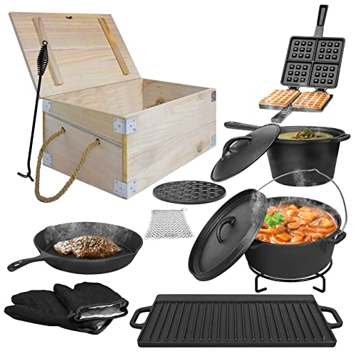 Aufun 12-teilig Dutch Oven Set in Holzkiste mit Dutch Oven, mehr Zubehör Inkl. bereits eingebrannt mit Kochtopf Grillplatte Pfanne Deckelheber, Waffeleisen Gusseisen, Rezeptbuch, Handschuhe, Schwarz von AufuN