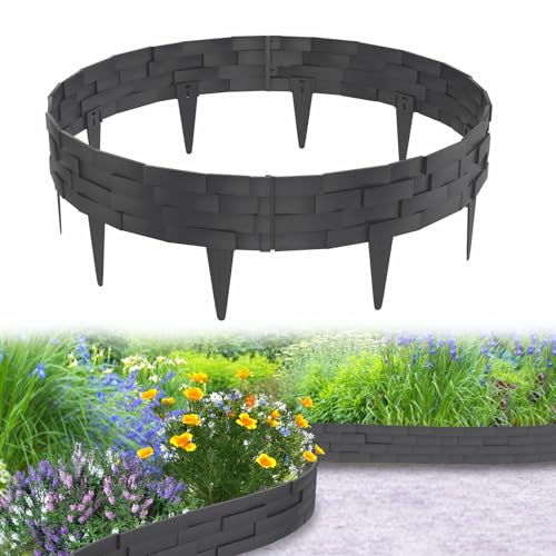 Aufun 15m Rasenkante Steinbricksimulationsstil Beeteinfassung Kunststoff mit 10 Elemente á 100 cm, Steinbricks-Optik Design Garten Beetumrandung Biegbarer Mähkante Beetbegrenzung Flexible(Anthrazit) von AufuN