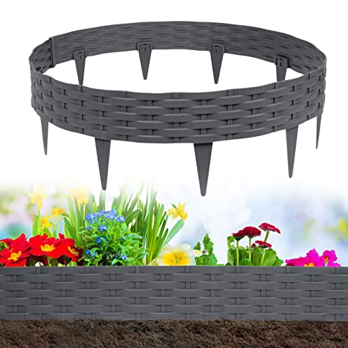 Aufun 15m Rattan Rasenkante Beeteinfassung Kunststoff mit 15 Elemente á 100 cm, Rattan-Optik Design Beetumrandung Biegbarer Mähkante Beetbegrenzung Flexible für Garten (Anthrazit) von AufuN