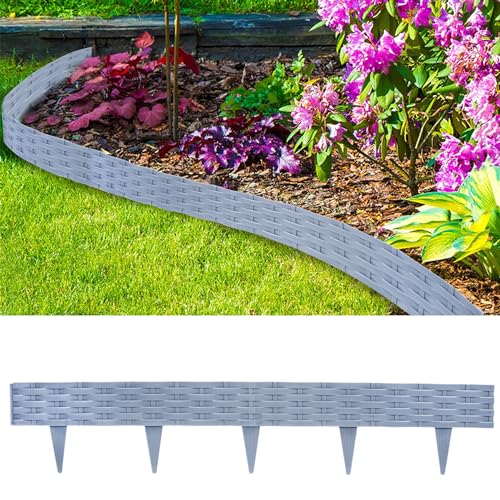 Aufun 15m Rattan Rasenkante Beeteinfassung Kunststoff mit 15 Elemente á 100 cm, Rattan-Optik Design Beetumrandung Biegbarer Mähkante Beetbegrenzung Flexible für Garten (Grau) von AufuN