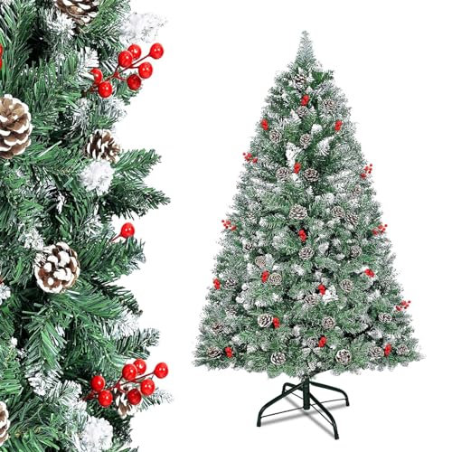 Aufun 180cm Weihnachtsbaum kunstbaum Künstlicher Weinachts Baum Deko, Christbaum mit Schnee-Effekt und Kiefernzapfen PVC Tannenbaum inkl. Metallständer (Grün, 1.8 M) von AufuN