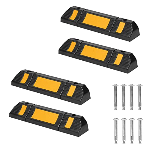 Aufun 4er Set Radstopper Parkplatzbegrenzung Anfahrschutz, Gummi Parkplatz-Markierung mit Gelb Reflektierende Streifen für Parkplätze und Garagen 60x12x10 cm von AufuN