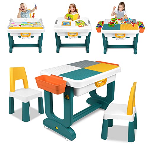 AufuN 5 in 1 Kindertisch Aktivitätstisch Höhenverstellbarer mit Stühle Set Spieltisch, Große Multifunktionaler Bausteine Set Sandtisch mit Stauraum, 2 Stühle, Geschenk für Jungen und Mädchen von AufuN