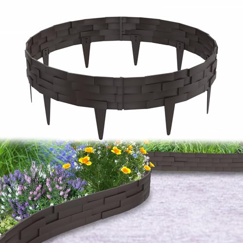 Aufun 5m Rasenkante Steinbricksimulationsstil Beeteinfassung Kunststoff mit 10 Elemente á 100 cm, Steinbricks-Optik Design Garten Beetumrandung Biegbarer Mähkante Beetbegrenzung Flexible(Braun) von AufuN