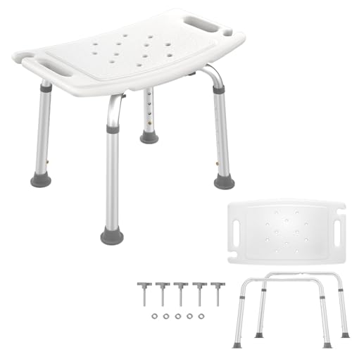 Aufun Duschstuhl Duschhocker Duschsitz Höhenverstellbar 38-53cm, Alu Badehocker für Alter, Kinder und Schwangere, Weiß von AufuN