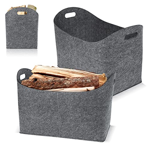 Aufun Filztaschen 2x Tasche aus Filz, Kaminholzkorb Filztasche Shopper Faltbar, Kaminholztasche, Holzkorb zur Aufbewahrung von Holz, Zeitungen, Kaminholz (55 x 30 x 40 cm, Hellgrau) von AufuN