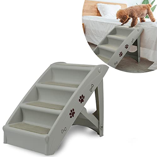 Aufun Hundetreppe 4 Stufen Faltbare Haustiertreppe mit Rutschfester Matte, 50 cm hohe Katzentreppe,Hunderampe Max. Belastung 75 kg, Tragbare Haustiertreppe für Hunde und Katzen,Bett oder Sofa(Grau) von AufuN