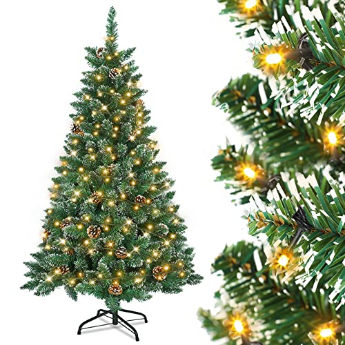 Aufun Künstlicher Weihnachtsbaum Tannenbaum mit Beleuchtung 250 LED warm-weiß inkl. Metallständer 570 Spitzen, PVC Christbaum für Weihnachten-Dekoration (150cm, Schnee-Effekt+Kiefernzapfen+LED) von AufuN