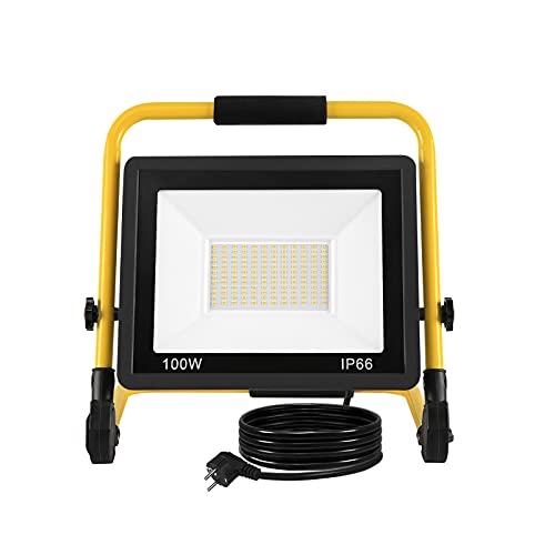 Aufun LED Baustrahler 100W, Baustellen Strahler Warmweiß Arbeitsscheinwerfer LED Fluter Floodlight mit 3M Kabel, Standgestell und Tragegriff, Wasserdichtes IP66 Flutlichtstrahler für Garten, Garage von AufuN
