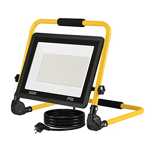 Aufun LED Baustrahler 200W, Baustellen Strahler Warmweiß Arbeitsscheinwerfer LED Fluter Floodlight mit 3M Kabel, Standgestell und Tragegriff, Wasserdichtes IP66 Flutlichtstrahler für Garten, Garage von AufuN