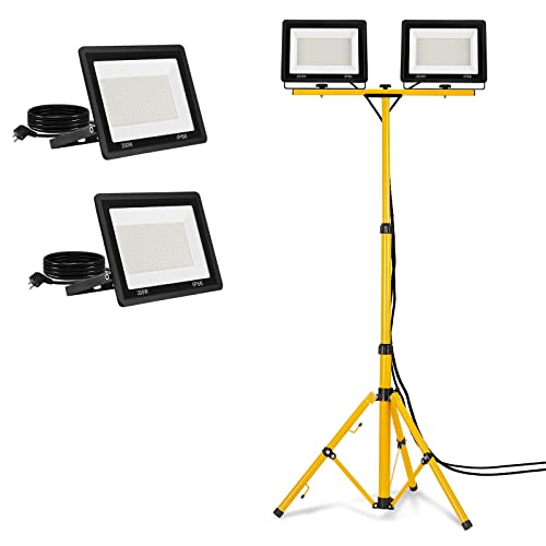 AufuN LED Baustrahler 2x 200W mit Stativ Doppel Strahler Kaltweiß LED Fluter Floodlight inkl. 3M Kabel, Arbeitsleuchte Arbeitsscheinwerfer Wasserdicht IP66 für Garage, Garten, Baustelle von AufuN