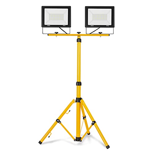 Aufun LED Baustrahler Warmweiß 2x 100W mit Stativ Doppel Strahler LED Fluter Floodlight inkl. 3M Kabel, Arbeitsleuchte Arbeitsscheinwerfer Wasserdicht IP66 für Garage, Garten, Baustelle von AufuN