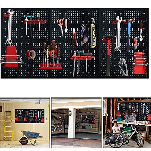Aufun Lochblech Werkzeugwand, Dreiteilig Werkzeuglochwand aus Metall mit 17 teilge Hakenset 120 x 60 x 2 cm für Werkstatt Schwarz und Rot von AufuN