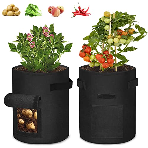 Aufun Pflanzsack Kartoffel 10 Gal, 2 Stück 38L Pflanzen Tasche, mit Klettverschluss Sichtfenster und Griffen, Wiederverwendbar, zur Aufzucht für Erdbeeren, Karotten, Tomaten, Blumen (35x40cm, Schwarz) von AufuN