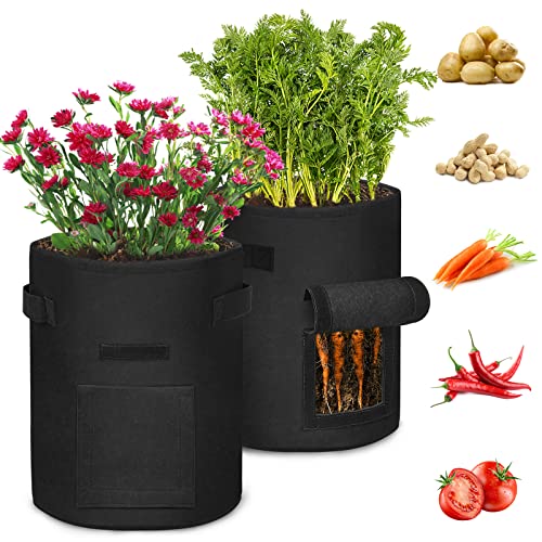 Aufun Pflanzsack Kartoffel 10 Gal, 3 Stück 38L Pflanzen Tasche, mit Klettverschluss Sichtfenster und Griffen, Wiederverwendbar, zur Aufzucht für Erdbeeren, Karotten, Tomaten, Blumen (35x40cm, Schwarz) von AufuN