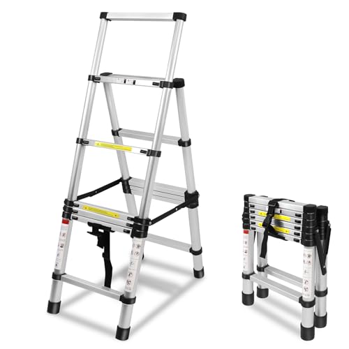 Aufun Teleskopleiter 1.7M+2M Ausziehleiter A-Rahmen 6 + 7 Stufen Aluminiumleiter Rutschfester Aluleiter Schiebeleiter Sprossenleiter Teleskop-Design Mehrzweckleiter max 150 kg Belastbarkeit von AufuN