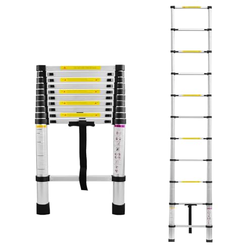 Aufun Teleskopleiter Alu 3,2m Ausziehbare Leiter Rutschfester Aluleiter Schiebeleiter Sprossenleiter Ausziehleiter Aluminiumleiter Teleskop-Design Mehrzweckleiter max 150 kg Belastbarkeit von AufuN