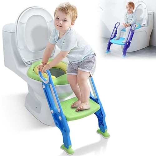 Aufun Toilettensitz Faltbar Kinder Toilettentrainer, Baby Kindertoilette mit Trppen und Griffe, 2 Höhenverstellbar mit rutschfest Stufe(Blau und Grün) von AufuN