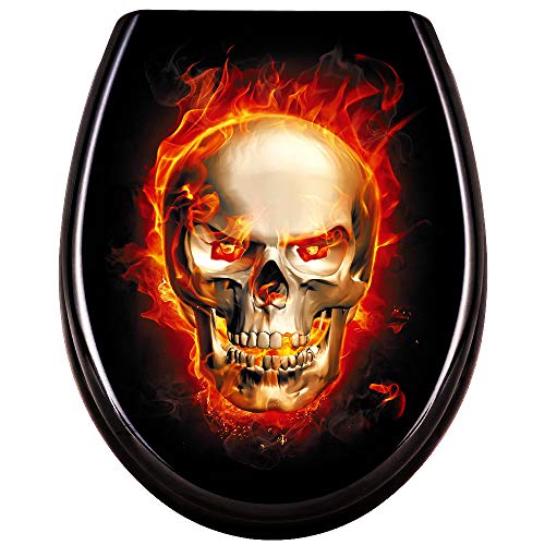 Aufun WC Sitz Toilettendeckel Toilettensitz Universal mit Absenkautomatik, hochwertige Qualität und Schnellbefestigung, WC Deckel aus Hartplastik Duroplast-Schädel Flammen von AufuN