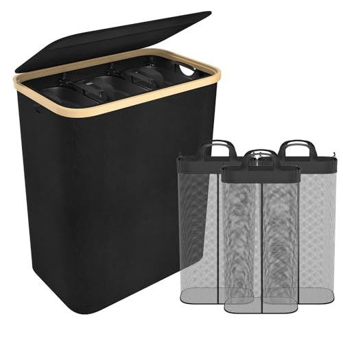 Aufun Wäschekorb 3 Fächer mit Deckel 140L zur einfachen Trennung, Wäschesack Wäscheboxen Wäschetonne Wäschesortierer mit Griffen Laundry Baskets Wäscheschrank für Waschküche, Schlafzimmer- Schwarz von AufuN