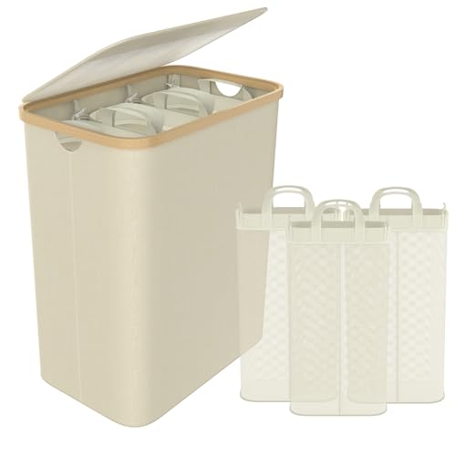 Aufun Wäschekorb 3 Fächer mit Deckel 140L zur einfachen Trennung, Wäschesack Wäscheboxen Wäschetonne Wäschesortierer mit Griffen Laundry Baskets Wäscheschrank für Waschküche, Schlafzimmer- Beige von AufuN