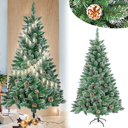 Aufun Weihnachtsbaum künstlich, 150cm Künstlicher Christbaum Weiß mit Schnee und Zapfen, Edeltanne Schnellaufbau chwer entflammbar, inkl. Christbaum Ständer (Schnee-Effekt+Kiefernzapfen) von AufuN