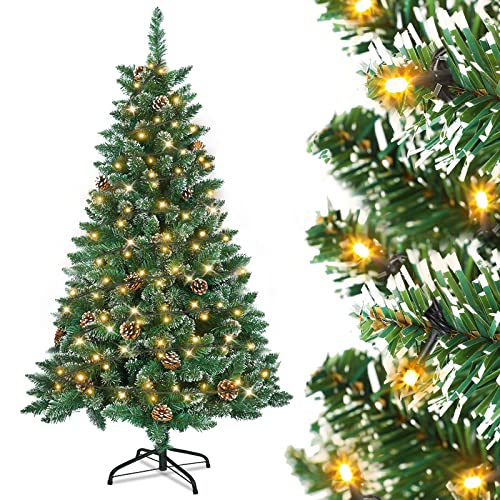 Aufun Weihnachtsbaum künstlich mit Beleuchtung, 150cm Tannenbaum künstlich mit Schnee und Kiefernzapfen, Edeltanne Schnellaufbau, inkl. Christbaum Ständer von AufuN