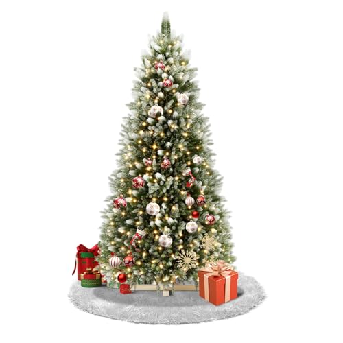Aufun Weihnachtsbaum künstlich mit Beleuchtung 150cm Tannenbaum künstlich PVC mit Deko Schnee, Edeltanne Schnellaufbau chwer entflammbar, inkl. Christbaum Ständer (1,5m, Natur-Weiss beschneit+LED) von AufuN