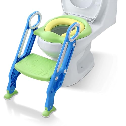 Aufun toilettensitz kinder toilettentrainer mit verstellbarer Treppe Klappbarer Toilettensitz Mit einem PU Kissen geeignet für Toiletten mit 38-42 cm für Kinder von 1-7 Jahren Blau Grün von AufuN