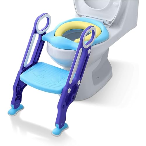 Aufun toilettensitz kinder toilettentrainer mit verstellbarer Treppe Klappbarer Toilettensitz Mit einem PU Kissen geeignet für Toiletten mit 38-42 cm für Kinder von 1-7 Jahren Blau Lila von AufuN