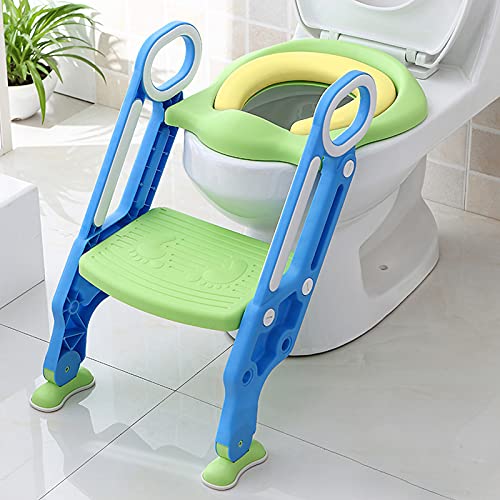 Toilettensitz Kinder mit Treppe, Aufun Toilettentrainer Faltbar Leiter Lerntöpfchen mit Treppe Baby Wc-Sitz mit PU Gepolstert Kissen und Griffen Töpfchen (Blau und Grün) von AufuN