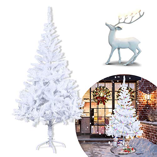 Weihnachtsbaum kunstbaum 150cm Künstlicher Weinachts Baum Deko, PVC Christbaum Weihnachtsdeko, Tannenbaum inkl. Metallständer (Weiß, 1.5 m) von AufuN