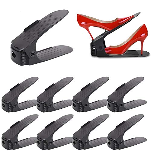 AufuN Einstellbare Schuhregale 10 Stück Schuhstapler/Schuhhalter Set, 3 höhenverstellbar, Platzsparend, rutschfest Kunststoff-schwarz von AufuN