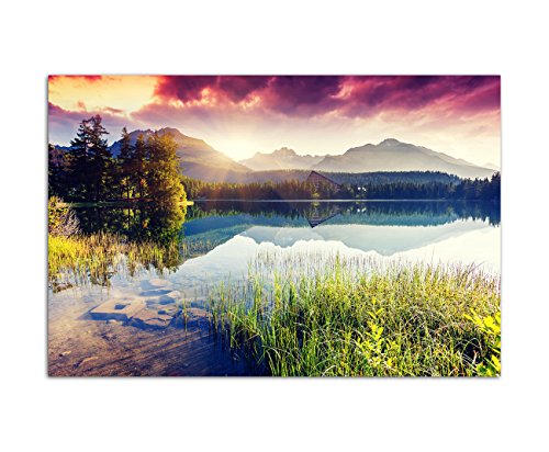 120x80cm - Fotodruck auf Leinwand und Rahmen Berge See Landschaft Natur Sonne Wolken - Leinwandbild auf Keilrahmen modern stilvoll - Bilder und Dekoration von Augenblicke Wandbilder