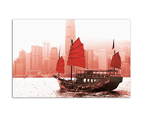 120x80cm - Fotodruck auf Leinwand und Rahmen Hong Kong Skyline Wasser Boot Segeln - Leinwandbild auf Keilrahmen modern stilvoll - Bilder und Dekoration von Augenblicke Wandbilder