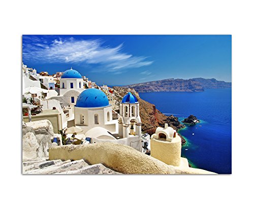 120x80cm - Fotodruck auf Leinwand und Rahmen Santorini Dom Häuser Meerblick - Leinwandbild auf Keilrahmen modern stilvoll - Bilder und Dekoration von Augenblicke Wandbilder